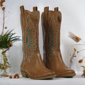 Bandera Coastal Cowgirl Tan & Turquoise Hand Stitched Western Boots
